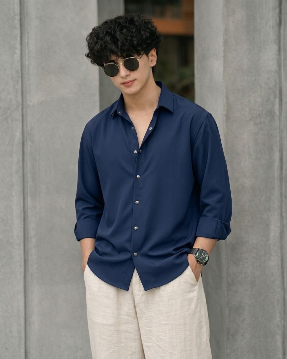 Navy Blue Solid Casual Shirt for Men | Slim Fit Stylish Everyday Wear | R1VAAZ