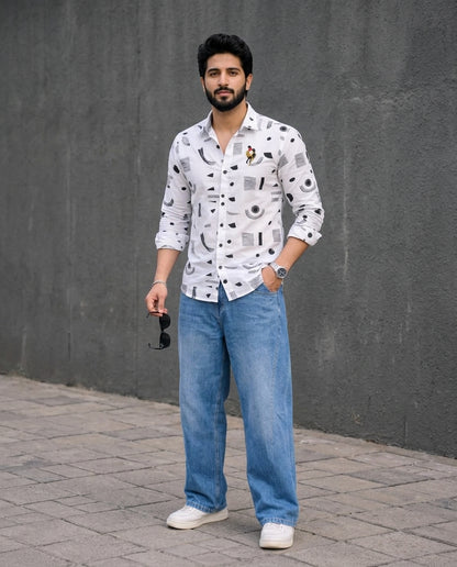 Men’s White Printed Casual Shirt – Trendy Everyday Wear | R1VAAZ