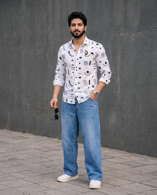 Men’s White Printed Casual Shirt – Trendy Everyday Wear | R1VAAZ