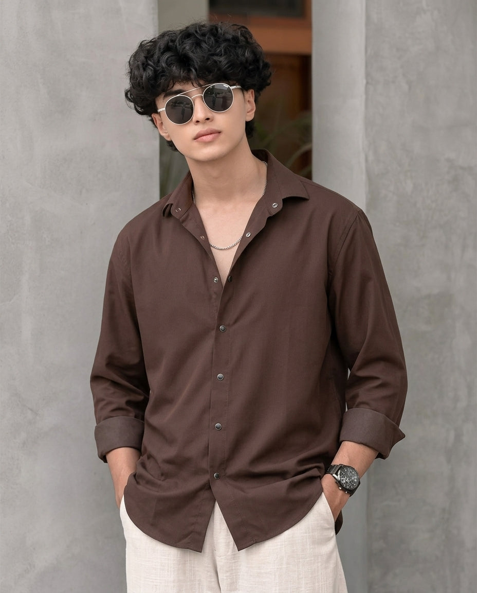 Chocolate Brown Solid Casual Shirt for Men | Smart Casual Slim Fit | R1VAAZ
