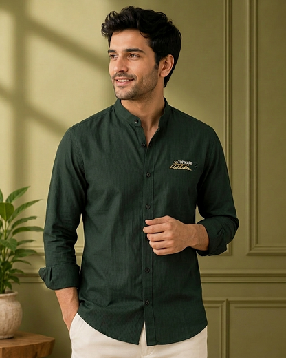 Forest Green Chinese Collar Shirt for Men | Premium Slim Fit Casual Shirt | R1VAAZ