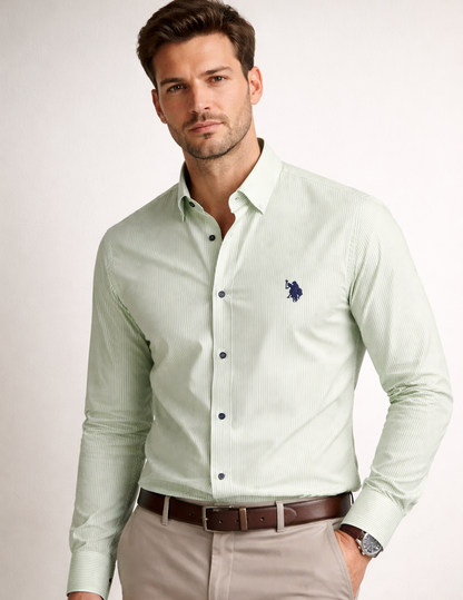 Men’s Light Green Striped Cotton Shirt – Slim Fit Premium Casual & Formal Wear| R1vaaz
